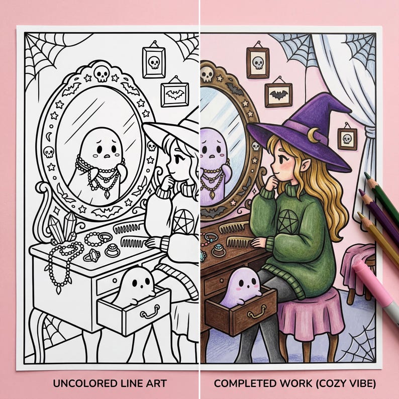 May include: A split image shows a coloring page and a completed illustration. The illustration depicts a witch with blonde hair and a purple hat, seated at a vanity. A ghost is in the drawer. The mirror reflects the ghost. The text reads "UNCOLORED LINE ART" and "COMPLETED WORK (COZY VIBE)".
