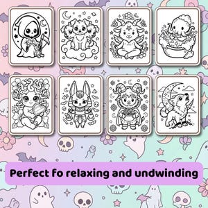 May include: Eight black and white colouring pages with fantasy illustrations. The images include a Grim Reaper, a three-headed dog, a goat, an octopus, Medusa, Anubis, a goat with a bowl, and a howling wolf. The text at the bottom reads "Perfect fo relaxing and unwinding".