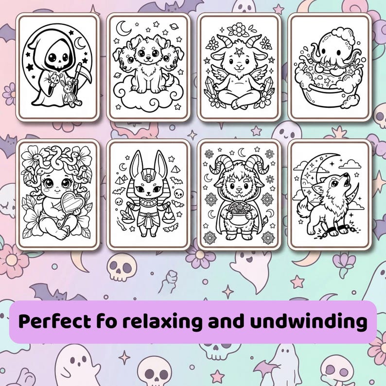 May include: Eight black and white colouring pages with fantasy illustrations. The images include a Grim Reaper, a three-headed dog, a goat, an octopus, Medusa, Anubis, a goat with a bowl, and a howling wolf. The text at the bottom reads "Perfect fo relaxing and unwinding".
