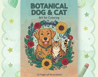 Libro da colorare botanico per cani e gatti, stampabile con disegni floreali per animali domestici (download digitale)