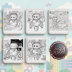 May include: Six black and white robot-themed coloring pages. Each page features a different scene with a robot character. The scenes include a robot in a car, playing music, and in a futuristic setting. A circular badge with the text "UNIQUE DESIGNS" is also present.