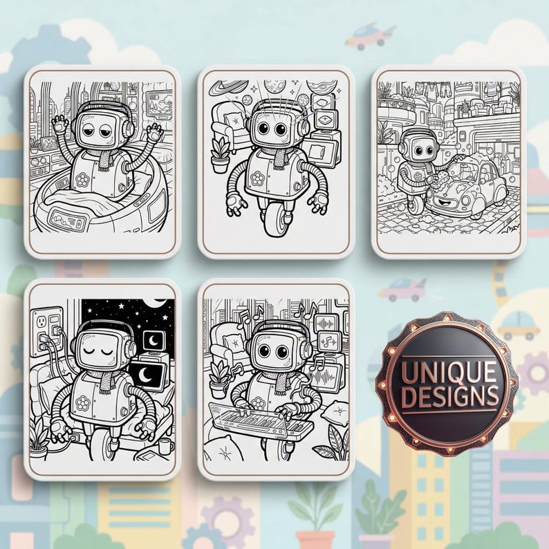 May include: Six black and white robot-themed coloring pages. Each page features a different scene with a robot character. The scenes include a robot in a car, playing music, and in a futuristic setting. A circular badge with the text "UNIQUE DESIGNS" is also present.