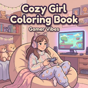 May include: Illustration of a Cozy Girl Coloring Book with the text "Gamer Vibes." The image shows a girl wearing headphones and holding a game controller, seated on a beanbag chair. The background includes a computer monitor, shelves, and teddy bears.