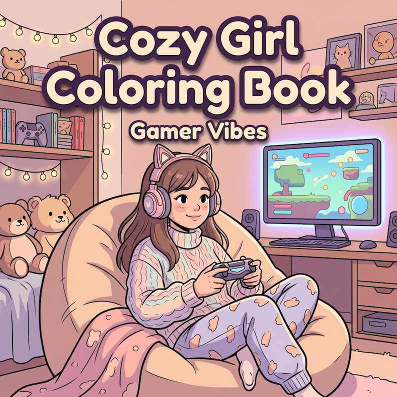 May include: Illustration of a Cozy Girl Coloring Book with the text "Gamer Vibes." The image shows a girl wearing headphones and holding a game controller, seated on a beanbag chair. The background includes a computer monitor, shelves, and teddy bears.