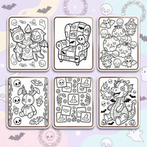 High resolution line art page showing a kawaii skeleton sitting inside a giant teacup surrounded by spooky bats and autumn leaves.