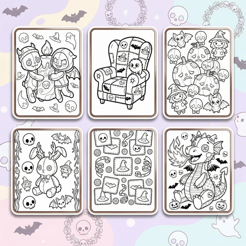 High resolution line art page showing a kawaii skeleton sitting inside a giant teacup surrounded by spooky bats and autumn leaves.