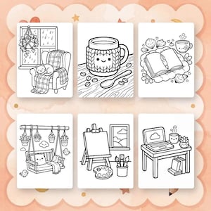 Puede incluir: Un conjunto de seis p&aacute;ginas para colorear en blanco y negro con escenas acogedoras, que incluyen un gato en una silla, una taza con funda de punto, un libro abierto con un bol&iacute;grafo, un columpio con plantas colgantes, un caballete y un escritorio.