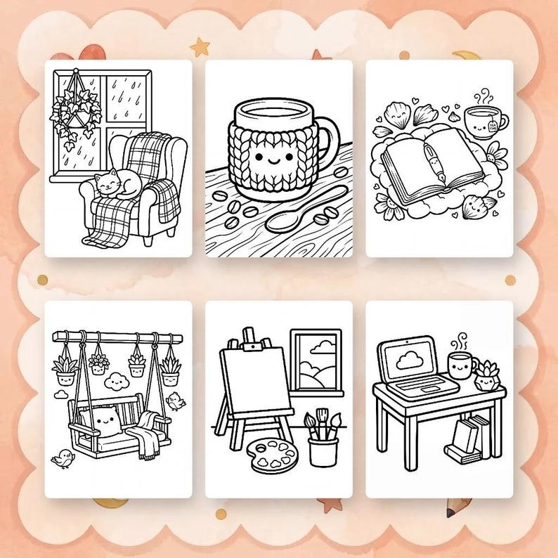 Puede incluir: Un conjunto de seis p&aacute;ginas para colorear en blanco y negro con escenas acogedoras, que incluyen un gato en una silla, una taza con funda de punto, un libro abierto con un bol&iacute;grafo, un columpio con plantas colgantes, un caballete y un escritorio.
