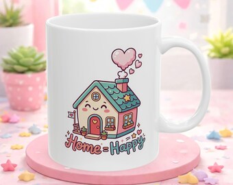 Ceramic House Mug, Cozy Home Gift, Pastel Strawberry Plant Illustration