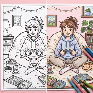 Detail of a cozy cottagecore gaming setup coloring page with clean bold lines, perfectly ready for digital coloring.