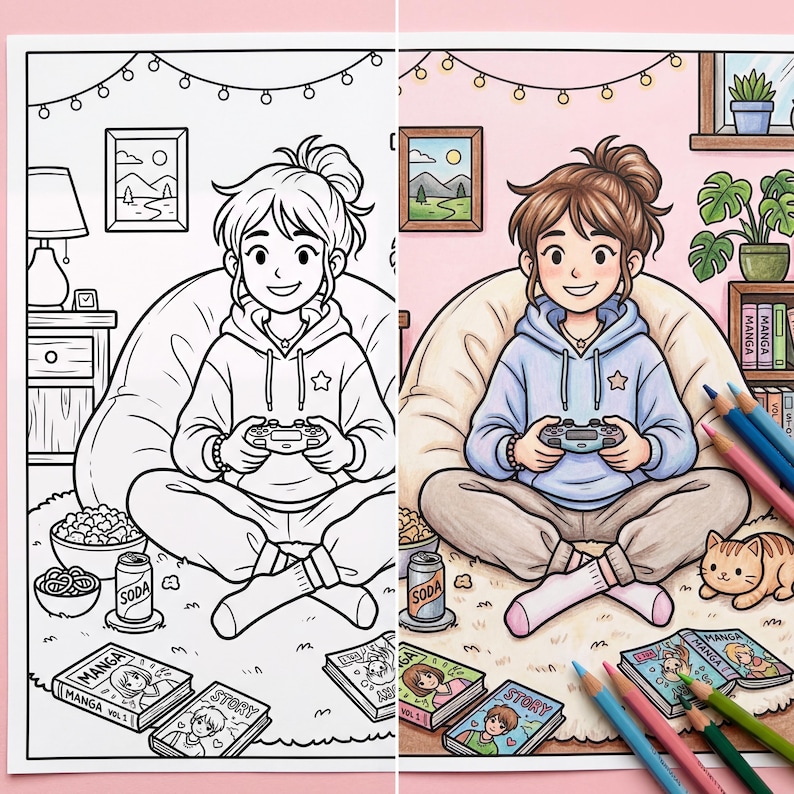 Detail of a cozy cottagecore gaming setup coloring page with clean bold lines, perfectly ready for digital coloring.