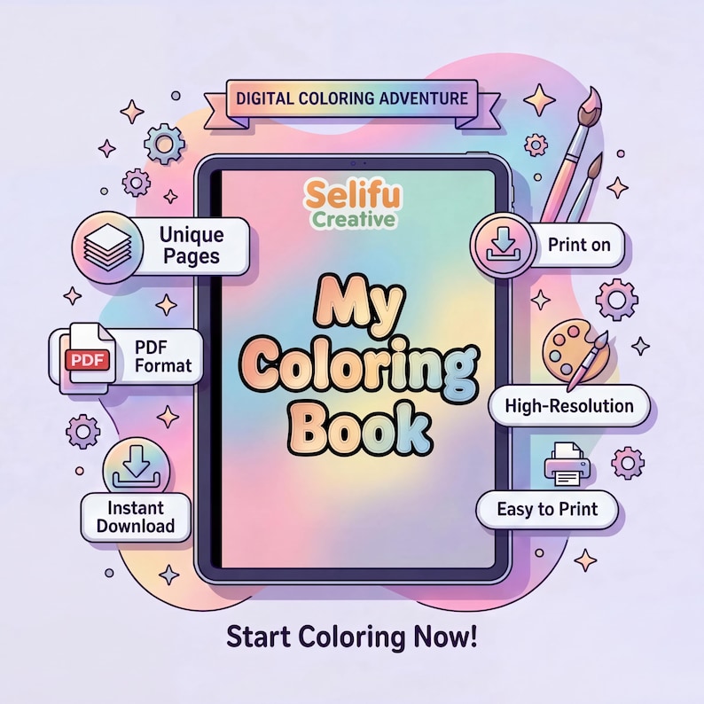 Pu&ograve; includere: Annuncio di libro da colorare digitale. Un tablet mostra "My Coloring Book" con testo colorato. Le icone indicano pagine uniche, formato PDF, download immediato, opzioni di stampa e alta risoluzione. Lo sfondo &egrave; una morbida sfumatura di rosa, viola e blu.
