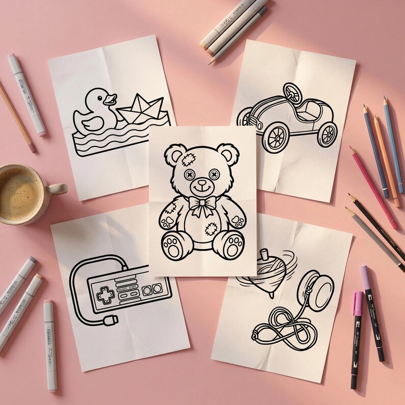 K&ouml;nnte beinhalten: F&uuml;nf wei&szlig;e Papierb&ouml;gen mit schwarzen Strichzeichnungen, die eine Quietscheente, ein Spielzeugauto, einen Teddyb&auml;ren mit Flicken, einen Videospiel-Controller sowie einen Kreisel und ein Jo-Jo zeigen, umgeben von verschiedenen Stiften und einer Kaffeetasse.