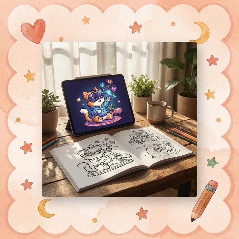Op de afbeelding: Een tablet met een cartoonkat met een VR-bril en vlinders, en een bijpassend kleurboek open op een houten tafel. Een mok en planten zijn ook zichtbaar. De sc&egrave;ne is helder verlicht.