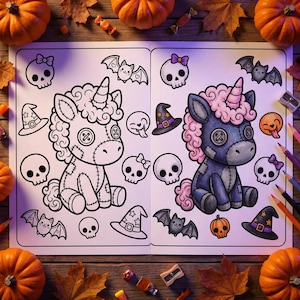 May include: A Halloween-themed coloring book spread featuring a black and white unicorn and a colored unicorn with pink hair and a horn. The illustrations are surrounded by skulls, bats, witch hats, and pumpkins. Colored pencils and pumpkins are scattered around the book.