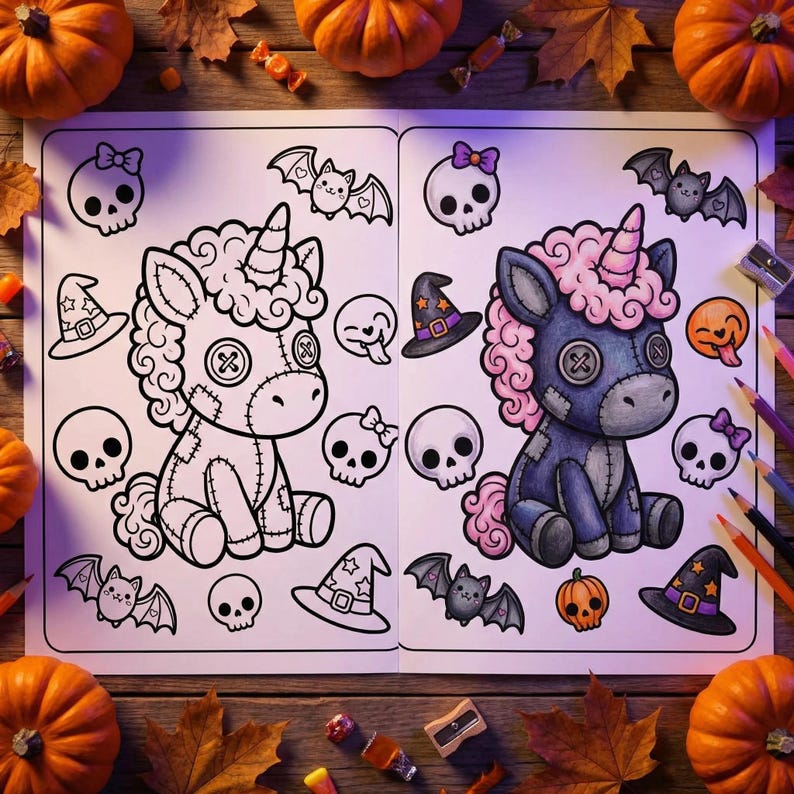 May include: A Halloween-themed coloring book spread featuring a black and white unicorn and a colored unicorn with pink hair and a horn. The illustrations are surrounded by skulls, bats, witch hats, and pumpkins. Colored pencils and pumpkins are scattered around the book.