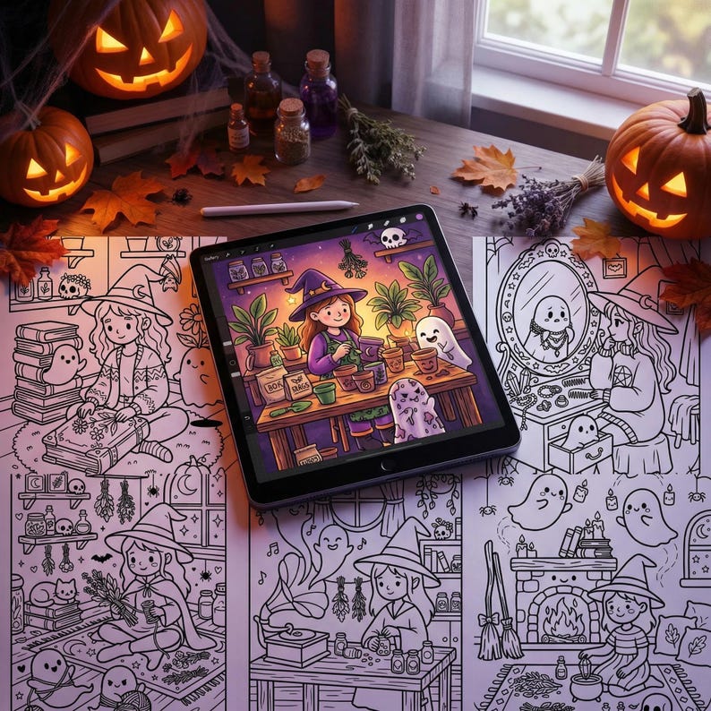 Printed digital download coloring page of a spooky cozy witch, partially colored with alcohol markers, lying on a wooden desk next to art supplies