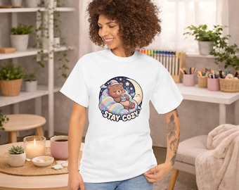 Kawaii Bear Cozy T-Shirt – Dreamy Night Sky, Pastel Comfort Outfit