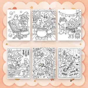 Puede incluir: Un conjunto de seis p&aacute;ginas para colorear en blanco y negro con ilustraciones de una bruja y fantasmas en varios escenarios, incluyendo una biblioteca, una cocina con un caldero, una habitaci&oacute;n decorada, un taller de pociones y un bosque.