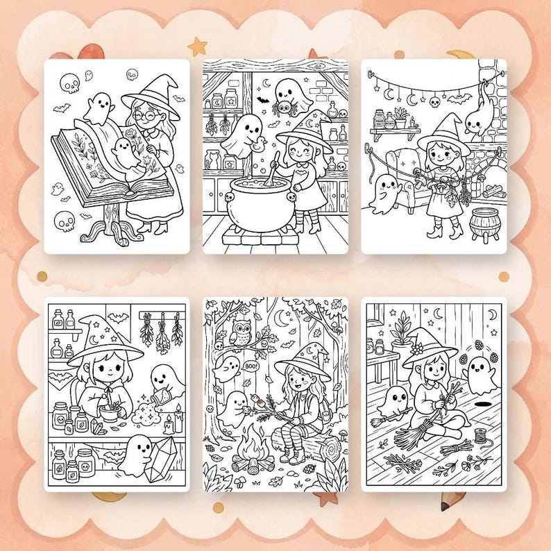 Puede incluir: Un conjunto de seis p&aacute;ginas para colorear en blanco y negro con ilustraciones de una bruja y fantasmas en varios escenarios, incluyendo una biblioteca, una cocina con un caldero, una habitaci&oacute;n decorada, un taller de pociones y un bosque.