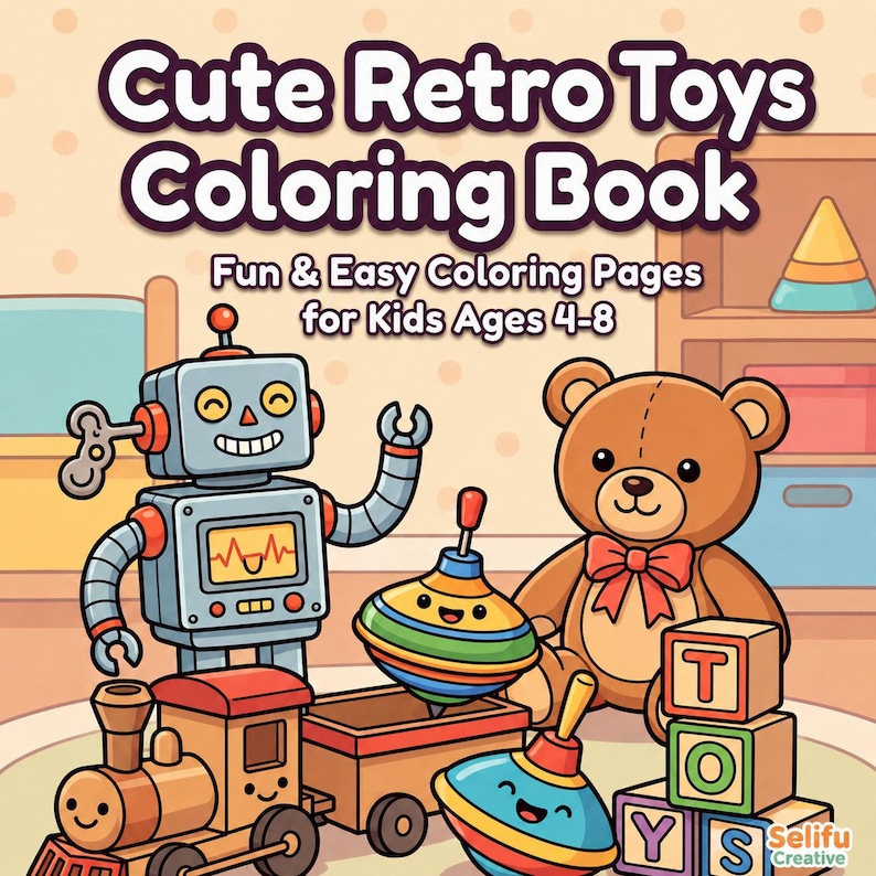 K&ouml;nnte beinhalten: Ein Malbuch-Cover mit dem Titel Cute Retro Toys Coloring Book Fun & Easy Coloring Pages for Kids Ages 4-8. Die Illustration zeigt einen grauen Roboter, einen braunen Teddyb&auml;ren mit roter Schleife, einen Holzzug, zwei Kreisel und Buchstabenw&uuml;rfel.