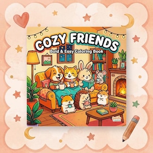 May include: A square coloring book titled "COZY FRIENDS" with a cartoon illustration of animals gathered in a cozy living room. The cover features a dog, cat, rabbit, mouse, hedgehog, and hamster. The book is surrounded by a decorative border.