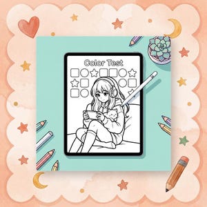 Mockup image showing a printed page from the Mochi's Cozy Gamer Adventures coloring book being colored with markers on a wooden desk, next to a coffee cup.