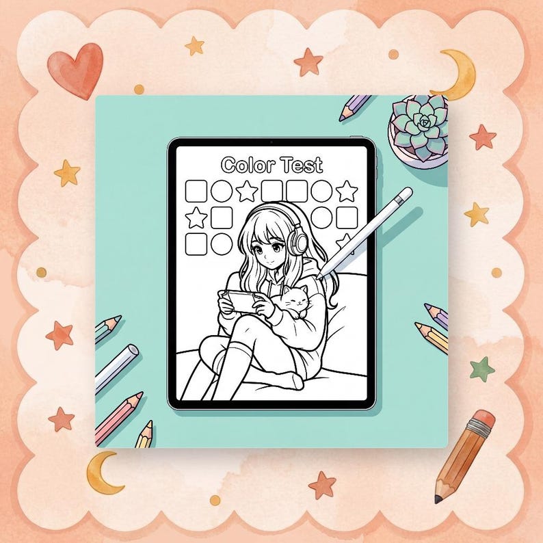Mockup image showing a printed page from the Mochi's Cozy Gamer Adventures coloring book being colored with markers on a wooden desk, next to a coffee cup.