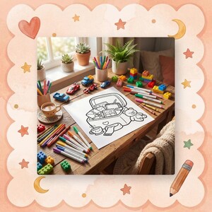 以下が含まれることがあります： 木製のテーブルには、テディベアなどのオブジェクトが描かれた塗り絵が置かれ、カラフルなマーカー、クレヨン、おもちゃの車、ブロックに囲まれています。 コーヒーカップと鉢植えの植物も置かれています。