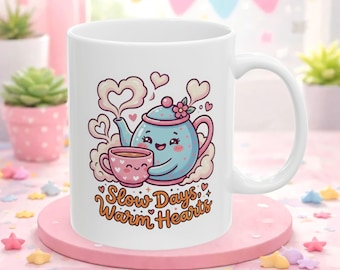 Kawaii Teapot Ceramic Mug, Cozy Coffee Cup, Slow Morning Drinkware