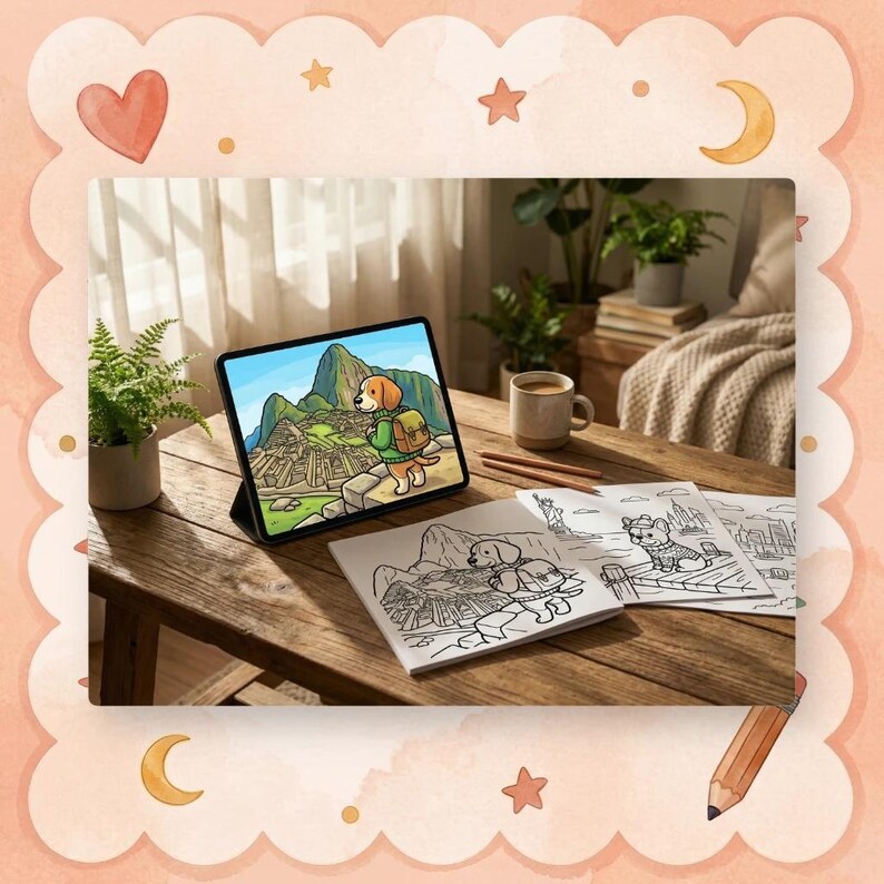 May include: A digital tablet displays a cartoon dog with a backpack at Machu Picchu. Coloring book pages with dog illustrations and a coffee mug sit on a wooden table. Pencils and plants are also visible.