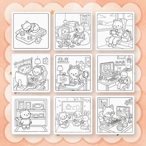 Op de afbeelding: Negen zwart-wit illustraties van katten en andere dieren die zich bezighouden met gamen. De afbeeldingen tonen katten die op een handheld console spelen, een computer gebruiken en live streamen. De illustraties zijn vierkant.