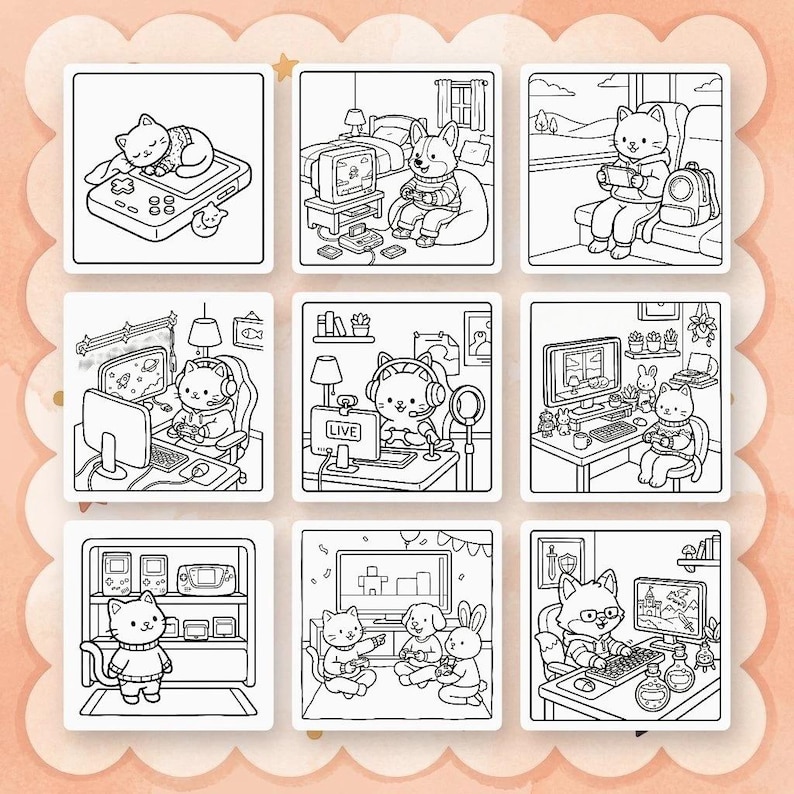 Op de afbeelding: Negen zwart-wit illustraties van katten en andere dieren die zich bezighouden met gamen. De afbeeldingen tonen katten die op een handheld console spelen, een computer gebruiken en live streamen. De illustraties zijn vierkant.
