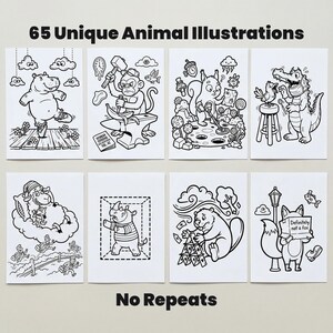 May include: A collection of 65 unique black and white animal illustrations. Each illustration features a different animal in a whimsical scene. The text "65 Unique Animal Illustrations" and "No Repeats" are displayed at the top and bottom of the image.