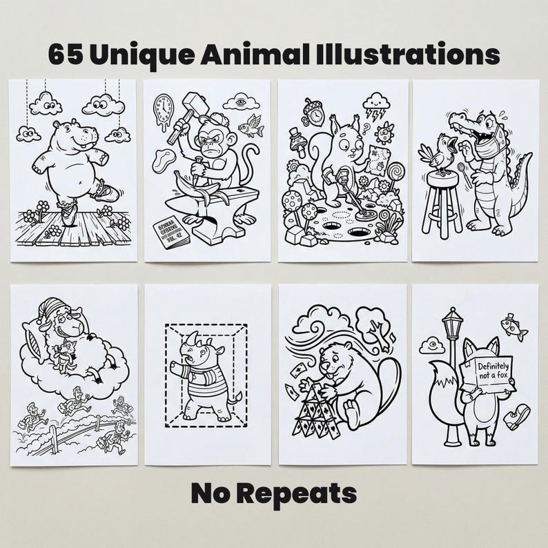 May include: A collection of 65 unique black and white animal illustrations. Each illustration features a different animal in a whimsical scene. The text "65 Unique Animal Illustrations" and "No Repeats" are displayed at the top and bottom of the image.