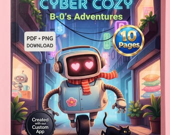 Cozy Sci-Fi Coloring Book, Robot Landscapes, B-0 Adventures (PDF + PNG Download)