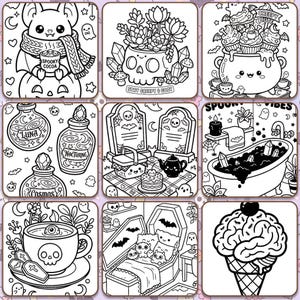 Puede incluir: Ilustraciones en blanco y negro con temas de Halloween. Las im&aacute;genes incluyen un murci&eacute;lago sosteniendo una taza, una calavera con plantas, un caldero de cupcakes, botellas de pociones, l&aacute;pidas, una ba&ntilde;era, una taza de t&eacute;, un ata&uacute;d y un helado.