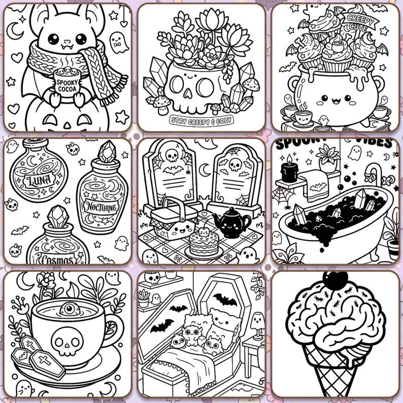 Puede incluir: Ilustraciones en blanco y negro con temas de Halloween. Las im&aacute;genes incluyen un murci&eacute;lago sosteniendo una taza, una calavera con plantas, un caldero de cupcakes, botellas de pociones, l&aacute;pidas, una ba&ntilde;era, una taza de t&eacute;, un ata&uacute;d y un helado.