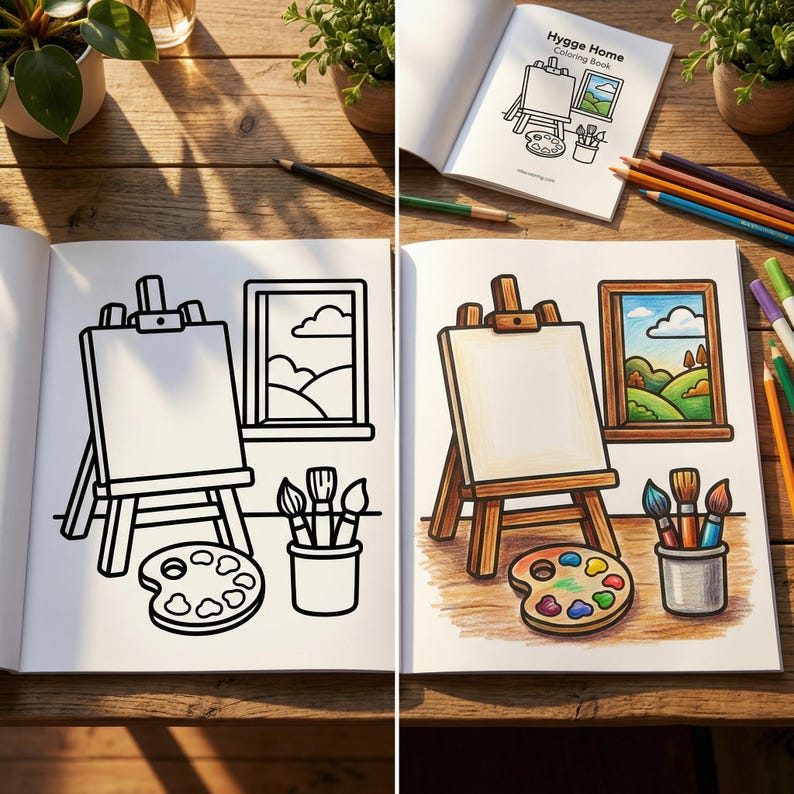 High resolution printable coloring page showing a detailed aesthetic bookshelf filled with succulents, books, and small decorative candles in clean black line art.
