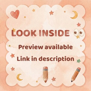 K&ouml;nnte beinhalten: Aquarell-Illustration mit pfirsichfarbenem Hintergrund und wellenf&ouml;rmigem Rand. Der Text "LOOK INSIDE" steht oben, gefolgt von "Preview available" und "Link in description". Sterne, Monde, Herzen und Bleistifte sind als Dekoration enthalten.