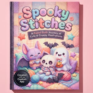 Puede incluir: Una portada de libro en colores pastel con el título "Spooky Stitches" y el subtítulo "A Pastel Goth Journey of Cute & Creepy Illustrations". La portada presenta ilustraciones de un murciélago, una calavera y un fantasma. Sobre fondo rosa.