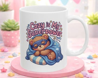 Sleepy Bear Cozy Superpower Ceramic Mug, Kawaii Coffee Cup