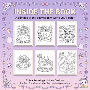 Pu&ograve; includere: Immagine promozionale per un libro da colorare con il testo "INSIDE THE BOOK". L'immagine mostra sei illustrazioni in bianco e nero di scene spettrali e carine. Il testo in basso recita "Cute &bull; Relaxing &bull; Unique Designs".
