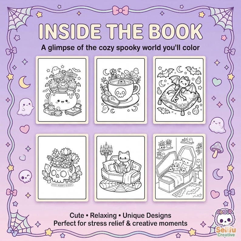 Pu&ograve; includere: Immagine promozionale per un libro da colorare con il testo "INSIDE THE BOOK". L'immagine mostra sei illustrazioni in bianco e nero di scene spettrali e carine. Il testo in basso recita "Cute &bull; Relaxing &bull; Unique Designs".