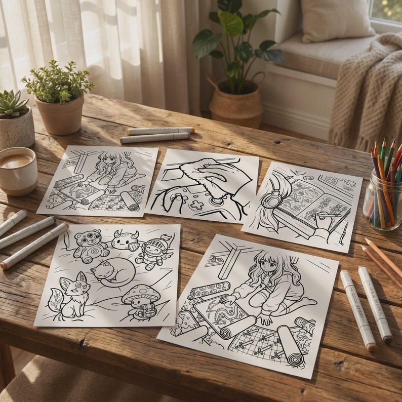 K&ouml;nnte beinhalten: F&uuml;nf quadratische wei&szlig;e Papierb&ouml;gen mit schwarzen Strichzeichnungen von Anime-Figuren, einem Gamecontroller, einer schlafenden Katze, einem Pilz und verschiedenen Fantasiewesen, die auf einem Holztisch mit Markern und Buntstiften angeordnet sind.