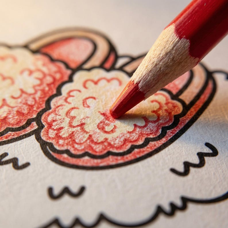 Op de afbeelding: Close-up van een rode kleurpotlood die een gedetalleerde illustratie inkleurt. De illustratie toont een wolkvorm in rood en cr&egrave;me, omlijnd in zwart. De punt van het potlood kleurt actief de illustratie in.