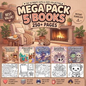 Puede incluir: Un paquete digital de 5 libros para colorear titulado The Ultimate Cute & Cozy Collection Mega Pack 5 Books 250+ Pages. La imagen muestra portadas de libros con interiores acogedores, una chimenea, un gato y varios personajes tiernos.