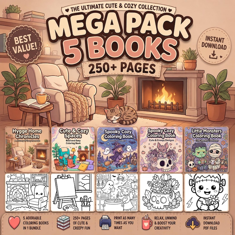 Puede incluir: Un paquete digital de 5 libros para colorear titulado The Ultimate Cute & Cozy Collection Mega Pack 5 Books 250+ Pages. La imagen muestra portadas de libros con interiores acogedores, una chimenea, un gato y varios personajes tiernos.