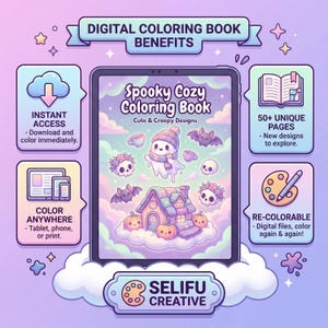Puede incluir: Un libro para colorear digital en una tableta, con un fantasma, murci&eacute;lagos, calabazas y calaveras. El t&iacute;tulo es "Spooky Cozy Coloring Book". Beneficios: acceso instant&aacute;neo, colorear en cualquier lugar, m&aacute;s de 50 p&aacute;ginas &uacute;nicas, archivos digitales recoloreables.