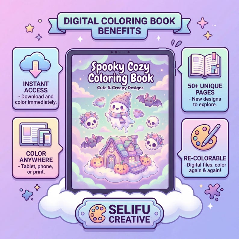 Puede incluir: Un libro para colorear digital en una tableta, con un fantasma, murci&eacute;lagos, calabazas y calaveras. El t&iacute;tulo es "Spooky Cozy Coloring Book". Beneficios: acceso instant&aacute;neo, colorear en cualquier lugar, m&aacute;s de 50 p&aacute;ginas &uacute;nicas, archivos digitales recoloreables.